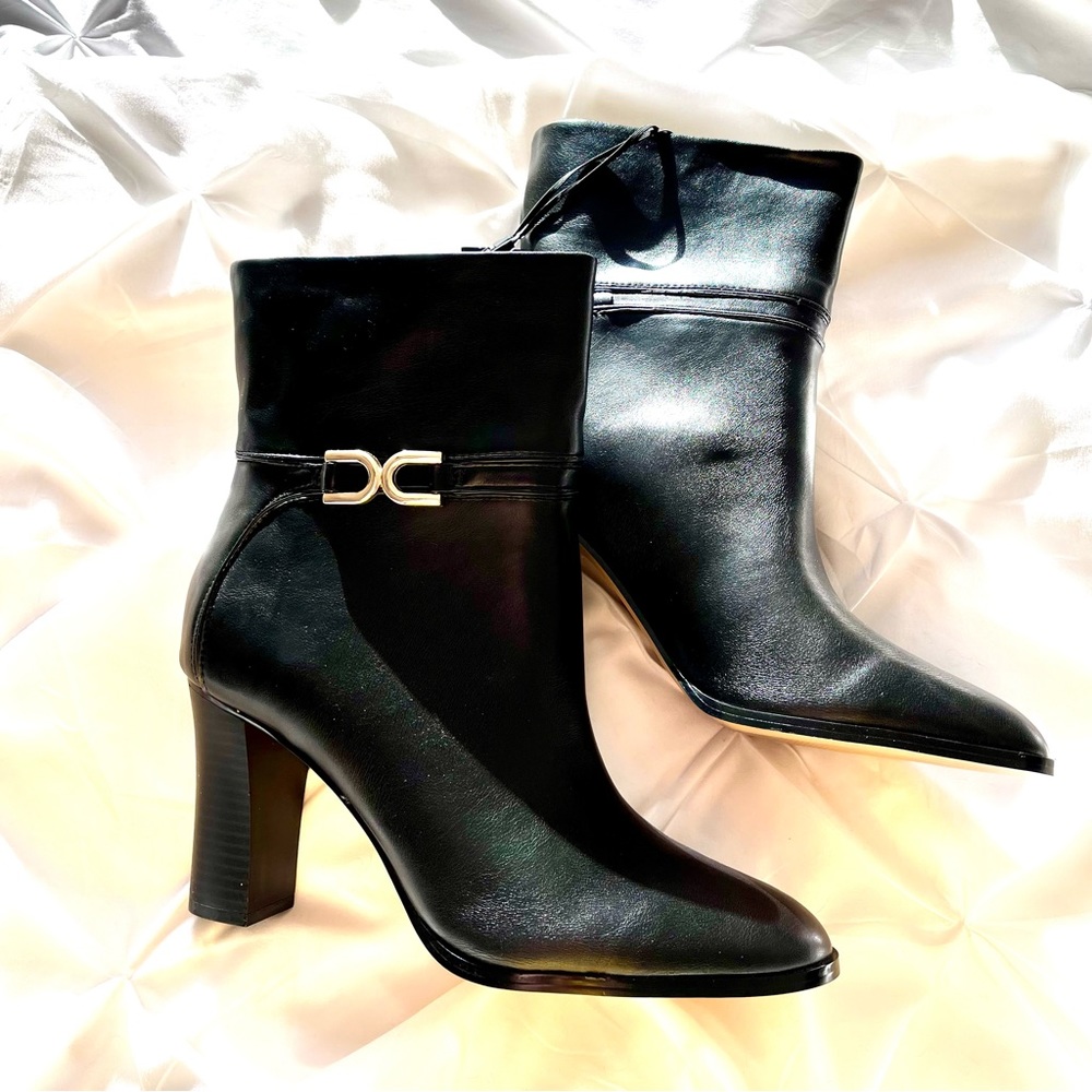 Express Black Leather Buckle Heeled Ankle Boots, size 10. New with Tags!